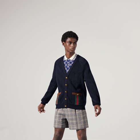 Knit wool blend cardigan with Web in blue | GUCCI® SE