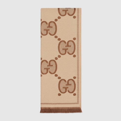 Gucci Wool Silk GG Supreme Monogram Fringe Scarf Brown Taupe