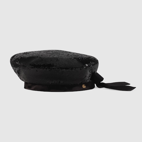 Sequin beret with bow in Black Wool GUCCI SI