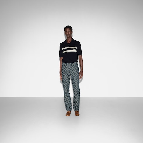 Washed GG denim pant in dark blue and ivory | GUCCI® US