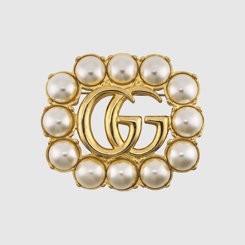 Pearl Double G brooch in gold metal | GUCCI® US