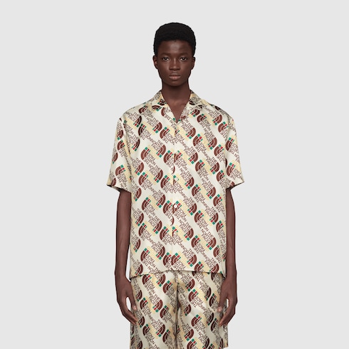 The North Face x Gucci联名系列织带印花真丝衬衫in象牙白/棕色| GUCCI® AE