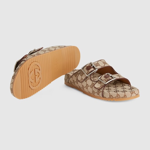 Herrenpantolette mit Riemen in beige und ebenholz GG Canvas  