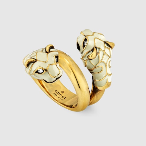 Anello con testa di tigre e smalto in finitura anticata color oro | GUCCI®  Italia