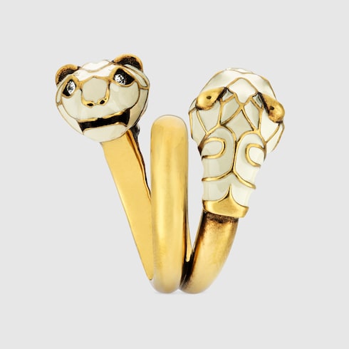Anello con testa di tigre e smalto in finitura anticata color oro | GUCCI®  Italia