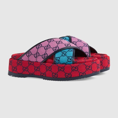Gg Multicolour Platform Sandal In Light Blue And Blue Canvas Gucci Ae