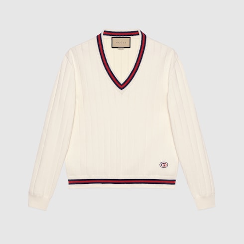 Maglione con scollo a V in cotone con nastro Web in avorio | GUCCI® CH