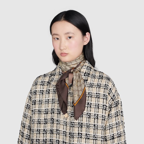 GG print with Horsebits silk scarf in Beige Brown Silk GUCCI SI