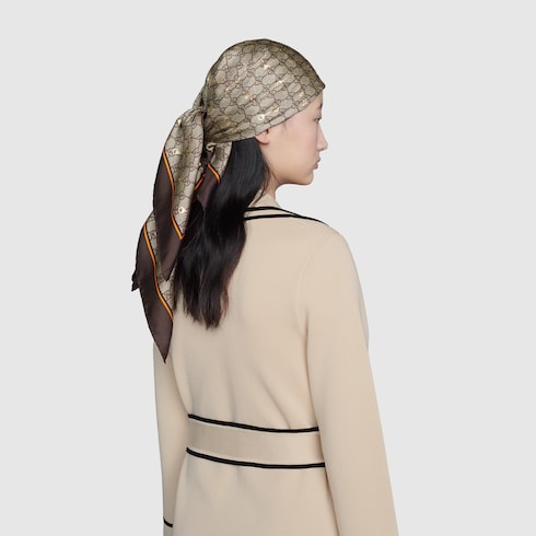 GG print with Horsebits silk scarf in Beige Brown Silk GUCCI SI
