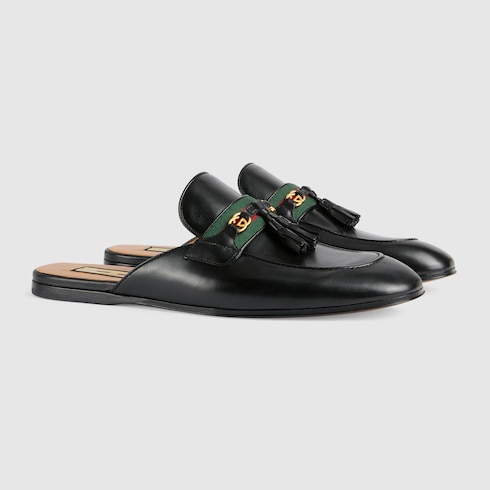 Slipper uomo con nastro Web in pelle nera | GUCCI® Italia