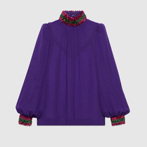 بنفسجي \u200eقميص من حرير جورجيت مع تطريز بالترتر | GUCCI® الكويت