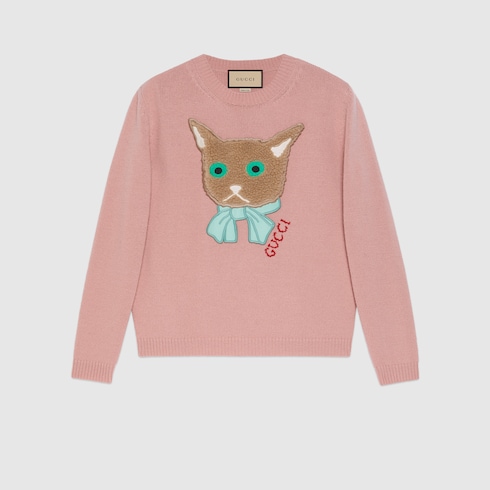 Gucci猫咪贴饰羊毛毛衣in古董粉 Gucci Fr