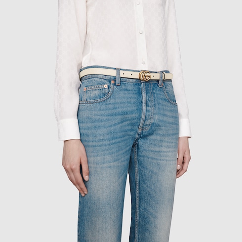 White Skinny Leather Belt Double Buckle | GUCCI®