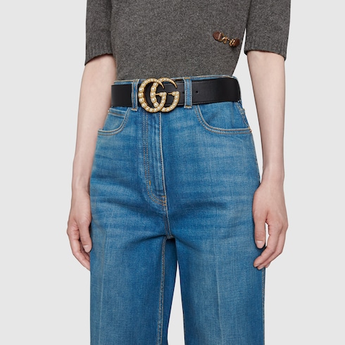 GG Marmont wide belt with pearls in Black Leather GUCCI SI