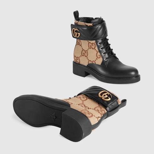 ダブルG付き ウィメンズ アンクルブーツレザー＆GGキャンバス | GUCCI® JP