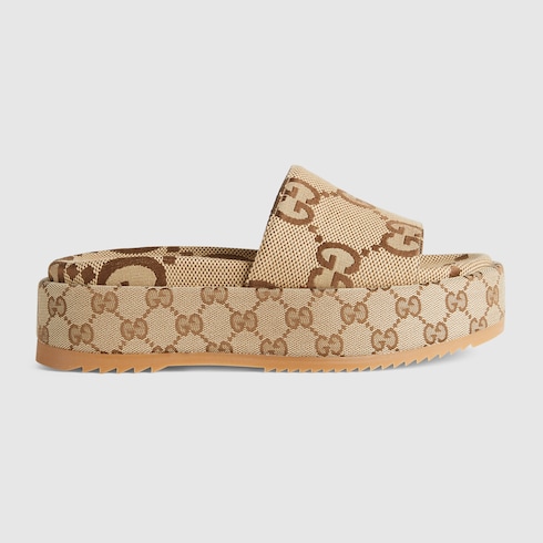 Women's platform slide sandal in camel and ebony maxi GG canvas | GUCCI® UK