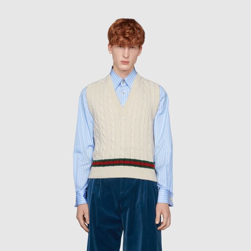Gilet in maglia a trecce con Web in avorio | GUCCI® CH