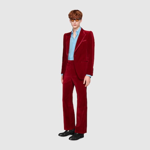 Stretch velvet trousers with satin