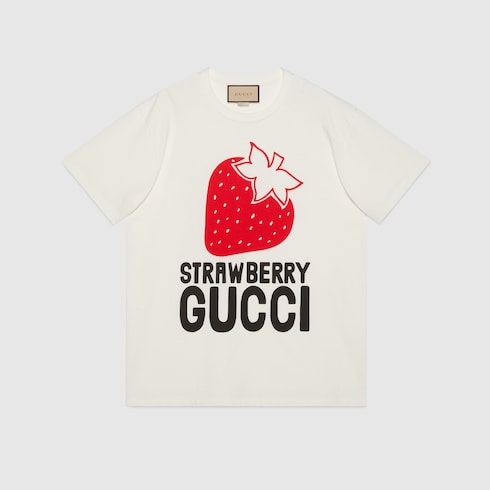 T-shirt in cotone 'Strawberry Gucci' in color gesso | GUCCI® IT