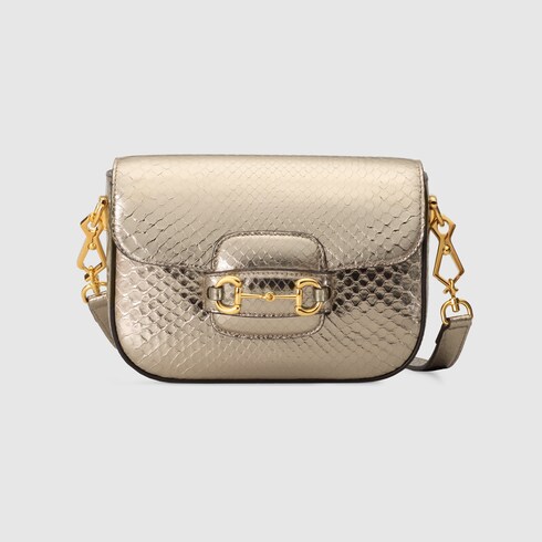 Gucci Horsebit 1955系列蟒蛇皮迷你手袋in金色金银丝线 Gucci Fr