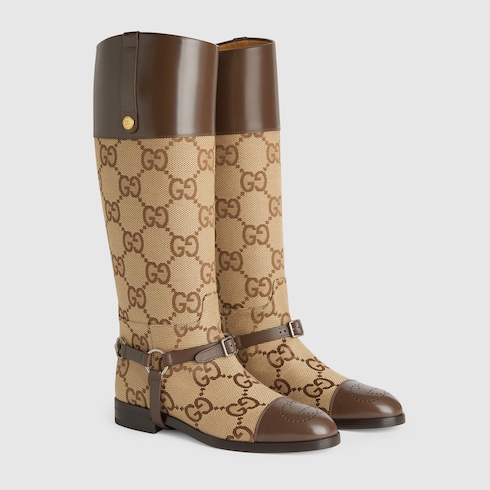 Stivale sopra il ginocchio con briglie in tessuto GG beige ed ebano | GUCCI®  Italia