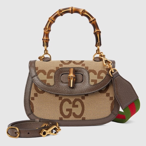 Gucci Bamboo 1947 jumbo GG small top handle bag in camel and ebony canvas