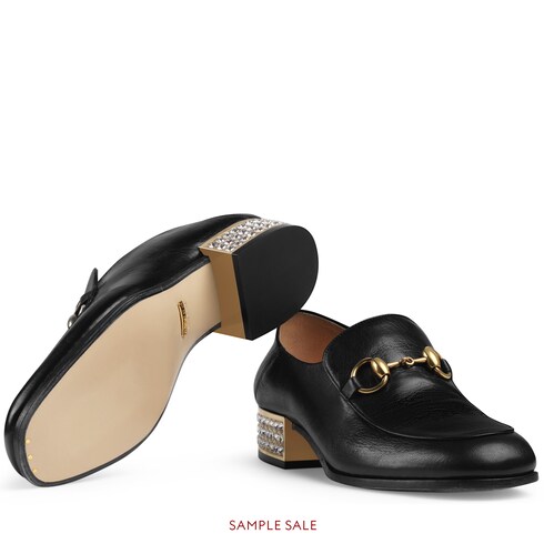 Black Leather Horsebit Loafer With Crystals GUCCI