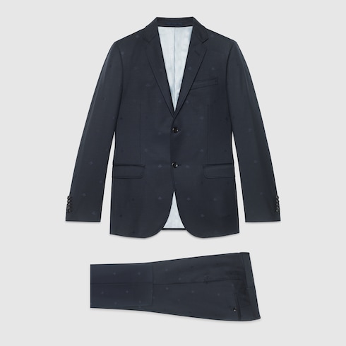 Abito Monaco in gabardina di lana con api in blu scuro | GUCCI® Italia
