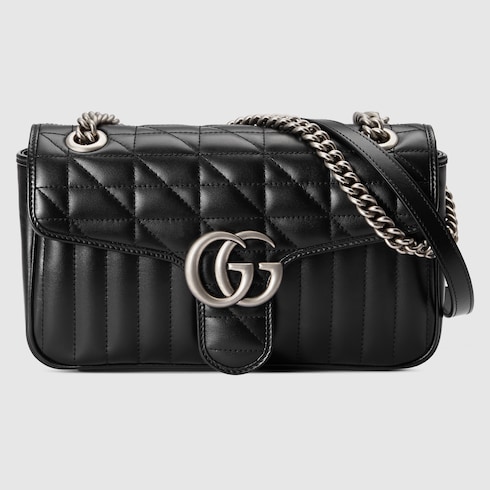 Gucci Calfskin Matelasse Aria Small GG Marmont Chain Shoulder Bag Deep Grey