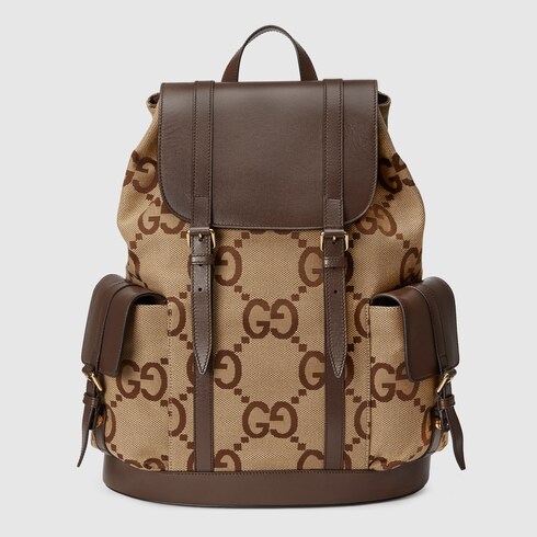 Jumbo GG backpack in camel and ebony GG canvas GUCCI US