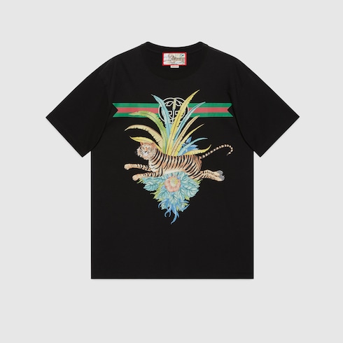 Gucci Tiger camiseta de algodon y flores en negro GUCCI ES