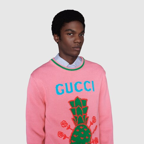 Maglione in cotone Gucci Pineapple in fucsia | GUCCI® Italia