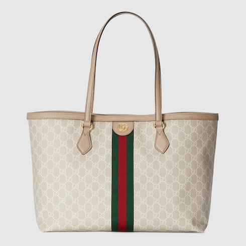 Ophidia GG medium tote in beige and white canvas | GUCCI® US