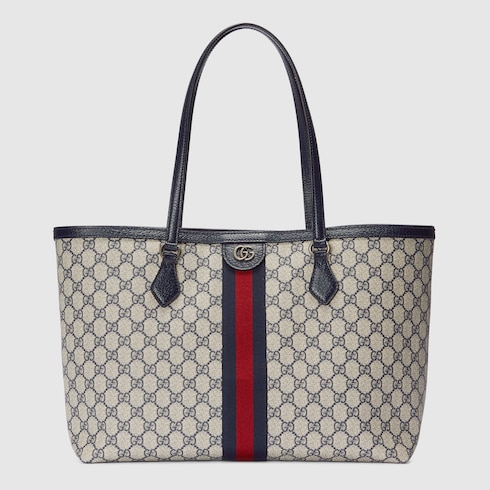 Medium tote bag with Interlocking G in beige and blue GG Supreme