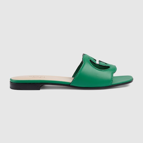 Women's Interlocking G cut-out slide sandal in bright green leather ...