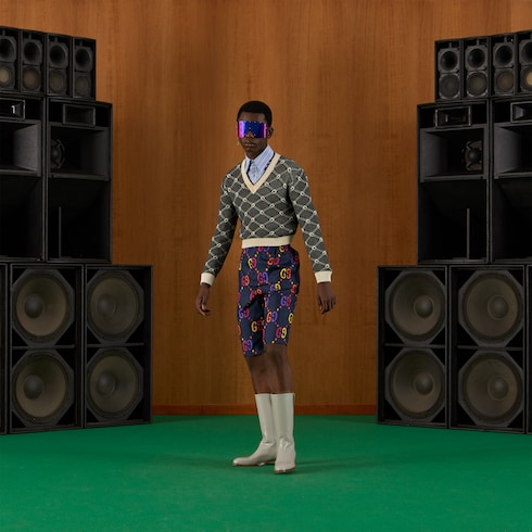 Jumbo GG silk shorts in dark blue and multicolor | GUCCI® MX Jumbo GG silk shorts in dark blue and multicolor | GUCCI® MX