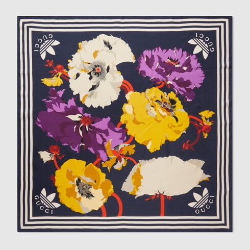 adidas x Gucci maxi flower print silk scarf in navy and yellow | GUCCI® CZ