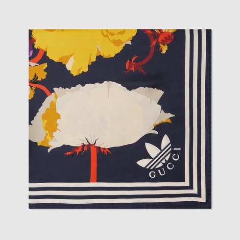 adidas x Gucci maxi flower print silk scarf in navy and yellow | GUCCI® CZ