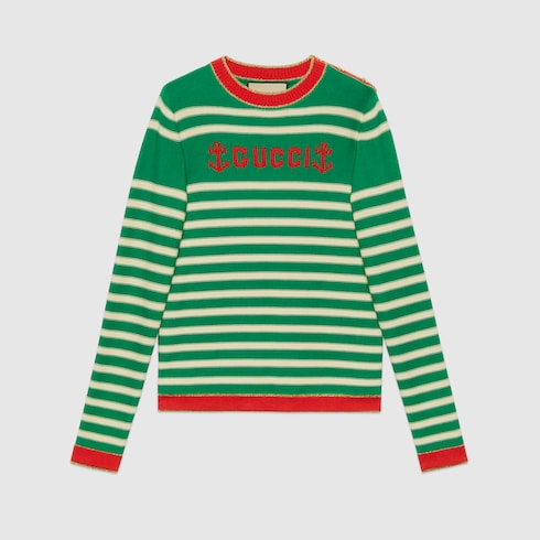 Maglione in cotone a righe in verde e avorio | GUCCI® CH