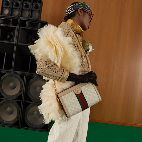Borsa a spalla Ophidia misura piccola in tessuto beige e bianco GUCCI Italia