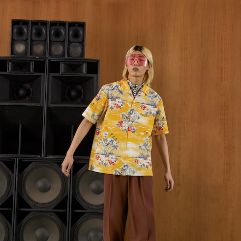 Printed cotton bowling shirt in yellow and red | GUCCI® MX