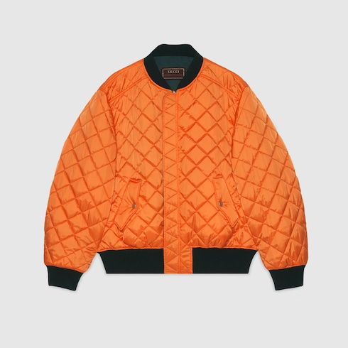 Reversible quilted satin jacket in orange and dark green | GUCCI® US