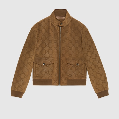 Perforated leather bomber jacket with GG in brown GUCCI NZ