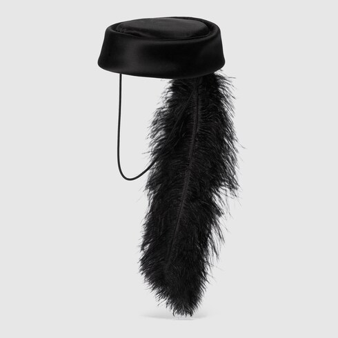 Satin hat with feathers in black 