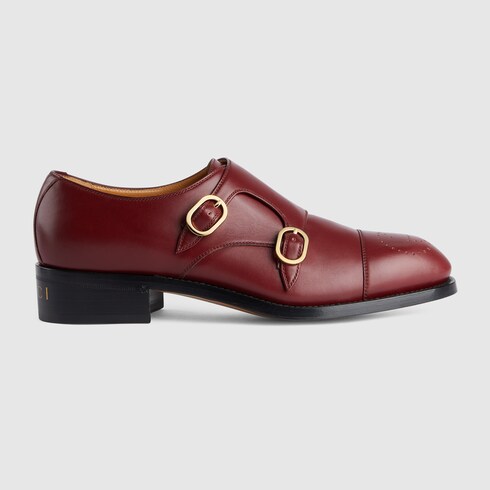 Gucci Men's Buckle Shoes with Brogue Detail, Bordeaux, Leather