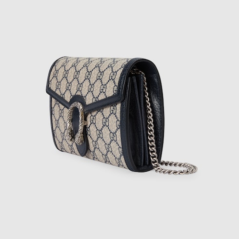 Portafoglio Dionysus GG con catena in tessuto Supreme beige e blu