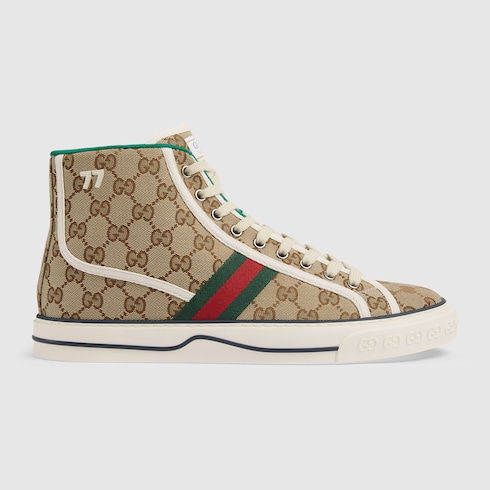 Men's Gucci Tennis 1977 high top sneaker in beige and ebony GG canvas