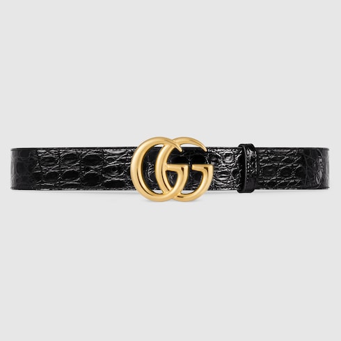 GG Marmont caiman belt with shiny buckle in Black Precious Skins