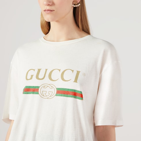 Oversize T-shirt with Gucci logo in white cotton jersey