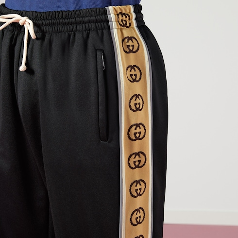 Black Technical Jersey Loose Jogging Pant With Brown G Stripe